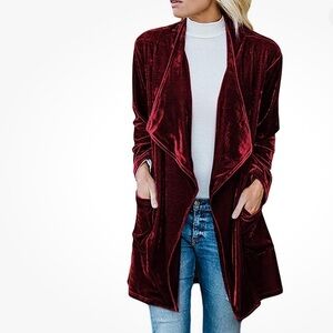 FUTURINO Burgundy Velour Waterfall Cardigan Open Front Pockets Size M
